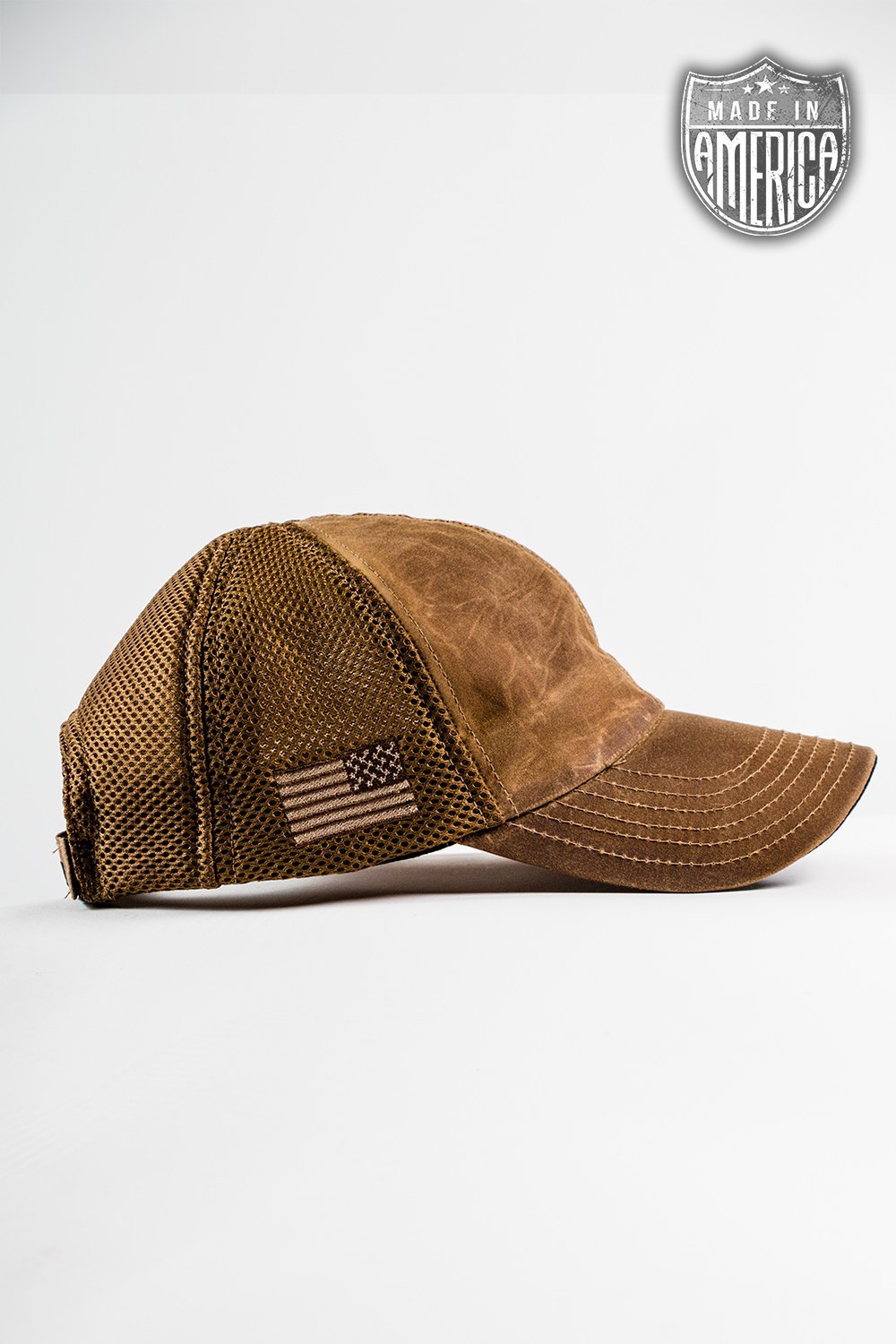Tan American Made Mesh Back Hat with Drop Line