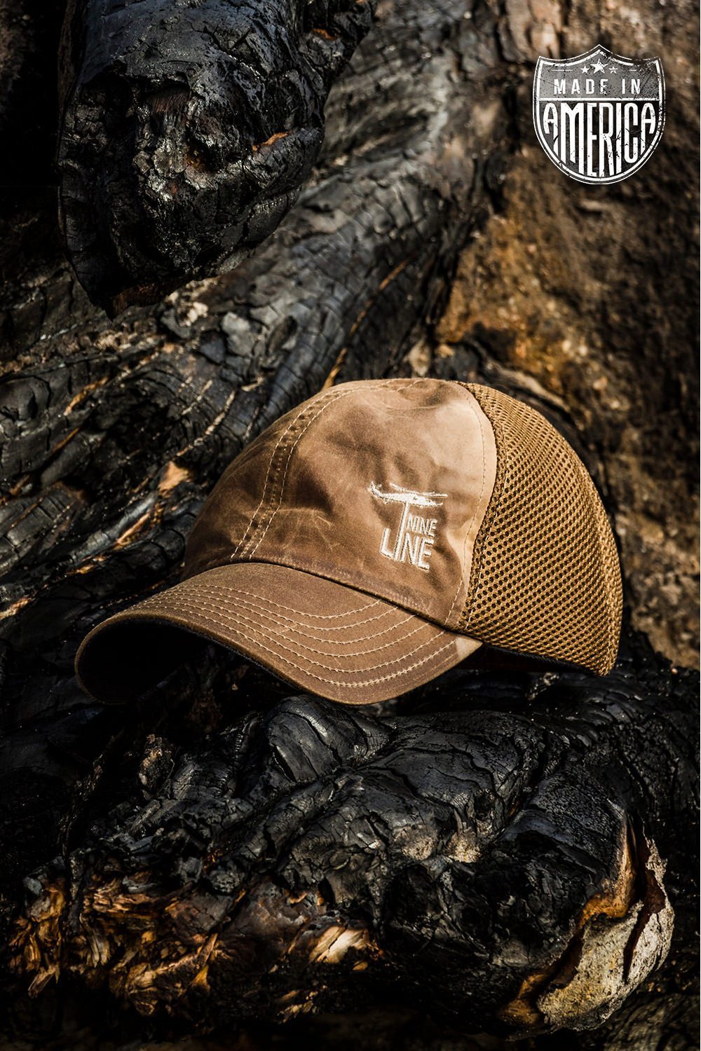 Tan American Made Mesh Back Hat with Drop Line